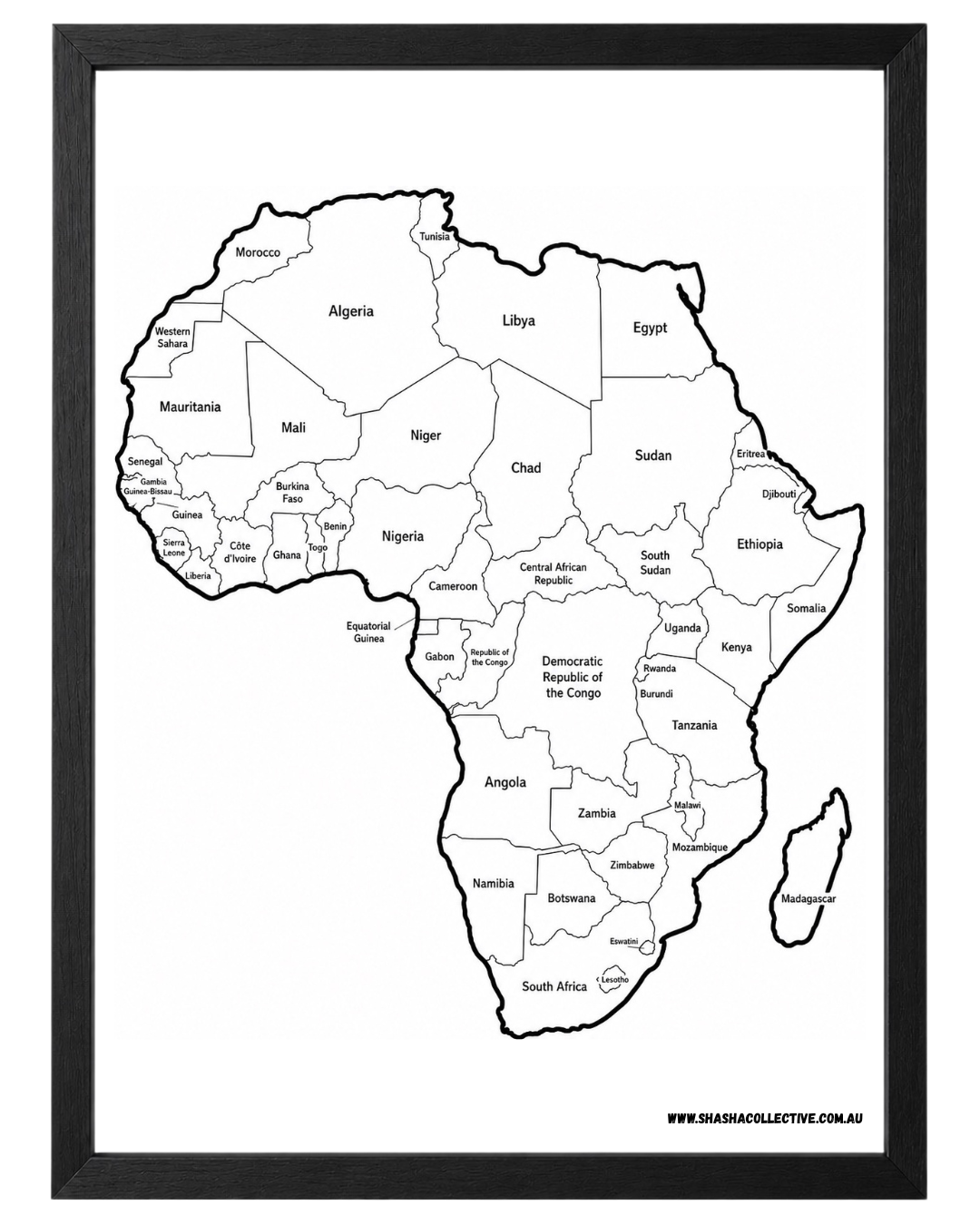 Framed A3 African Map - Countries Named